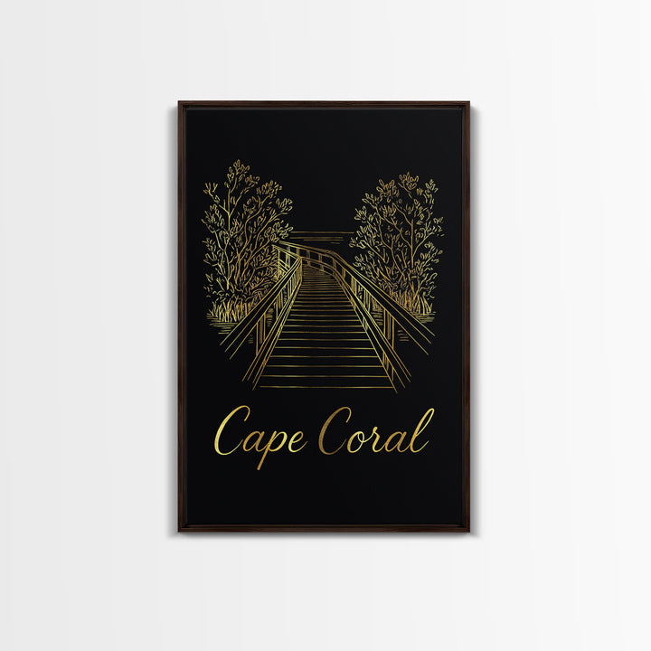 Cape Coral Travel Poster, Framed Canvas Print, Gold Outline Poster Art, Cape Coral Travel Art, Travel Wall Decor, Modern Wall Decor