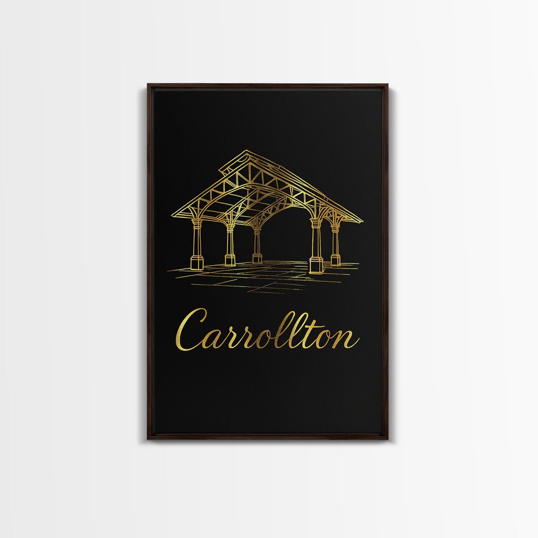Carrollton Texas Travel Poster, Framed Canvas Print, Dark Minimalist Wall Art, Carrollton City Art, Vintage City Art, Living Room Wall Art