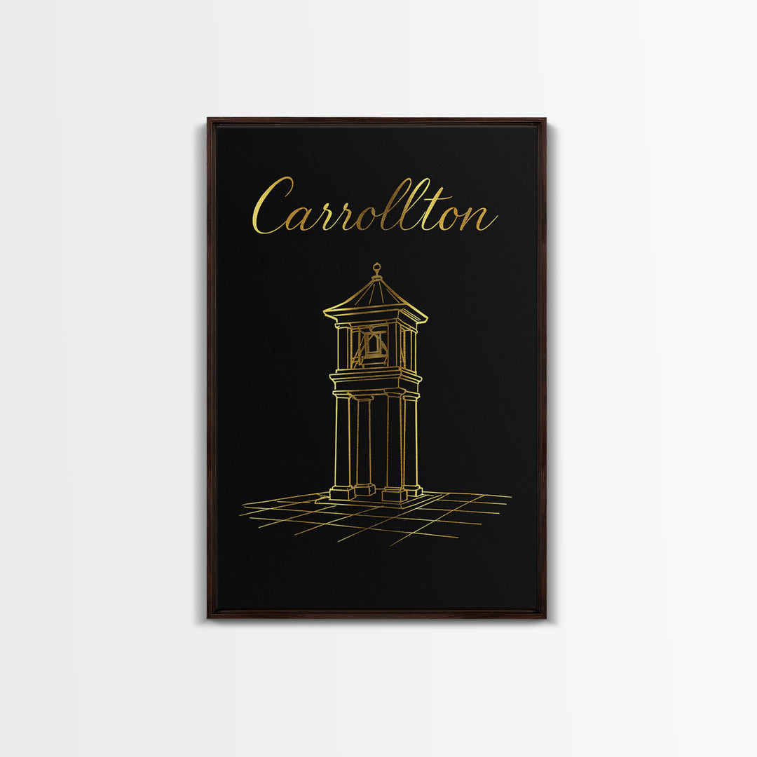 Carrollton Travel Poster, Framed Canvas Print, Gold Outline Poster Art, Carrollton City Art, Vintage Travel Print, City Art Print