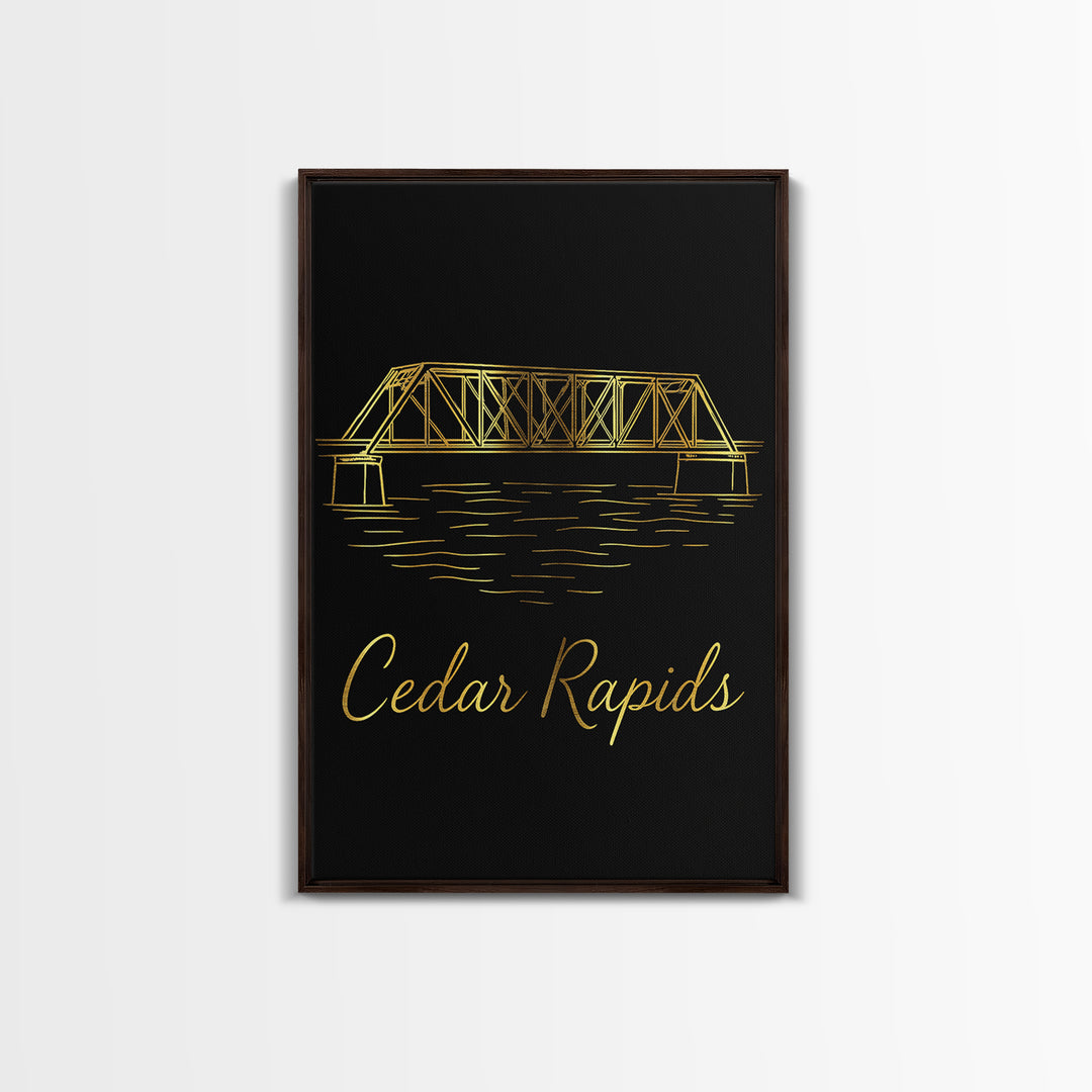 Cedar Rapids Iowa Travel Poster, Canvas Print, Gold Outline Poster Art, Cedar Rapids Wall Art, Gift For Travelers, Wanderlust Decor