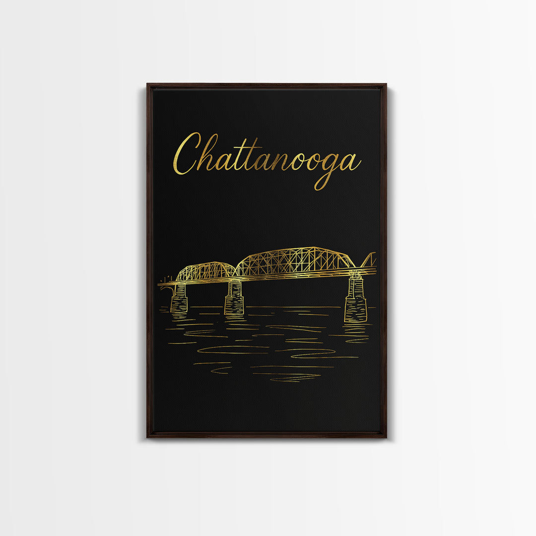 Chattanooga Tennessee Travel Poster, Canvas Print, Gold Outline Poster Art, Chattanooga Wall Art, Mid Century Wall Art, Travel Art Print