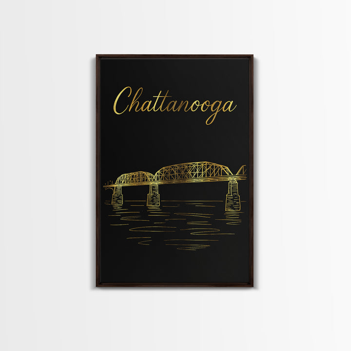 Chattanooga Tennessee Travel Poster, Canvas Print, Gold Outline Poster Art, Chattanooga Wall Art, Mid Century Wall Art, Travel Art Print