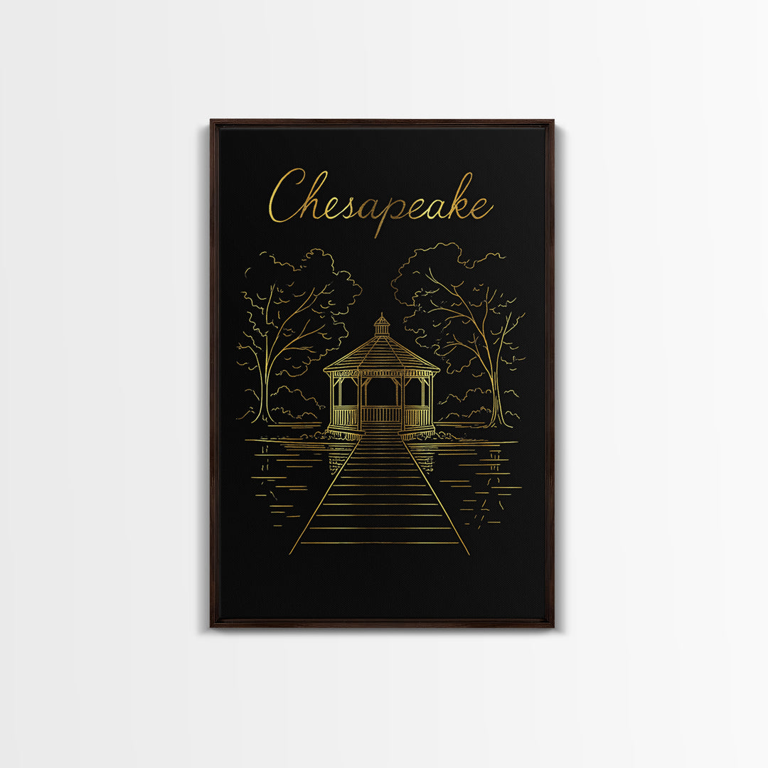 Chesapeake Travel Poster, Framed Canvas Print, Black Gold Minimalist Art, Chesapeake Art Print, Eclectic Wall Decor, Gift For Travelers