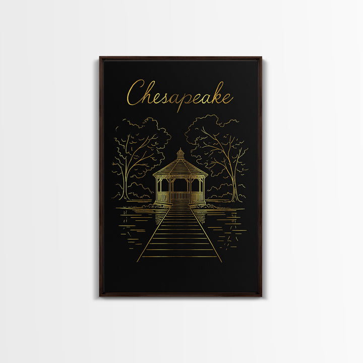 Chesapeake Travel Poster, Framed Canvas Print, Black Gold Minimalist Art, Chesapeake Art Print, Eclectic Wall Decor, Gift For Travelers