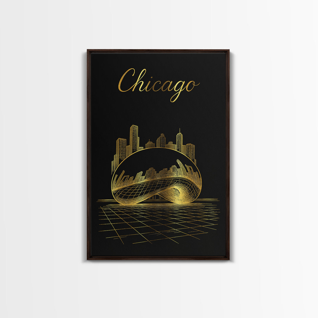 Chicago Illinois Travel Poster, Framed Canvas Print, Gold Outline Poster Art, Chicago Travel Art, Gift For Travelers, Retro Travel Print