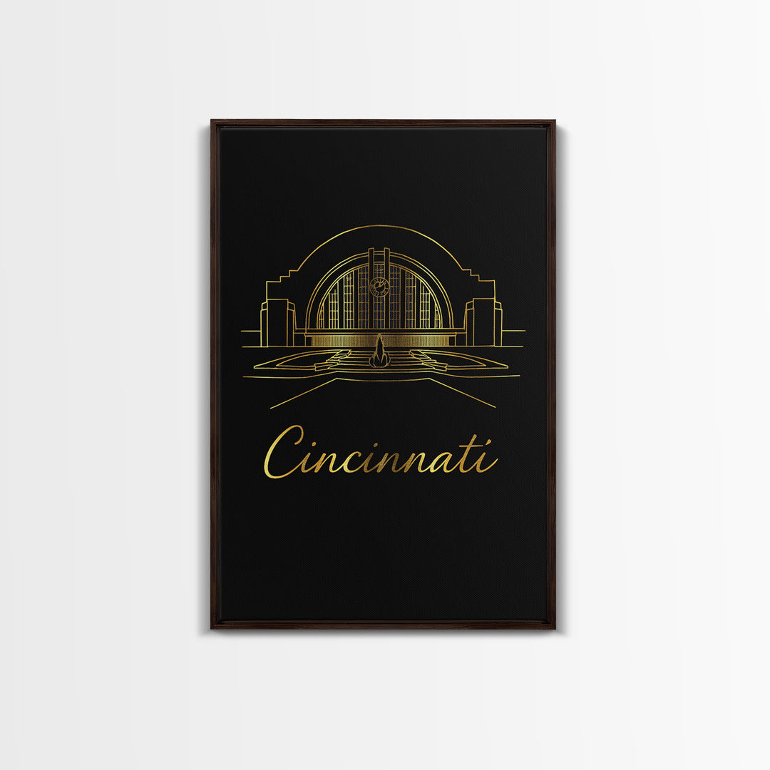Cincinnati Ohio Travel Poster, Framed Canvas Print, Black Gold Minimalist Art, Cincinnati City Art, Fine Art Print, Living Room Wall Art
