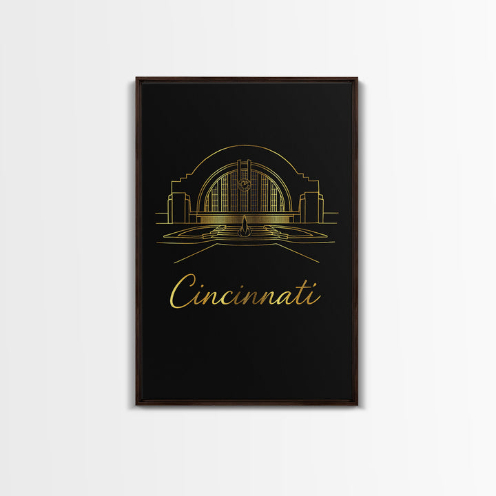 Cincinnati Ohio Travel Poster, Framed Canvas Print, Black Gold Minimalist Art, Cincinnati City Art, Fine Art Print, Living Room Wall Art