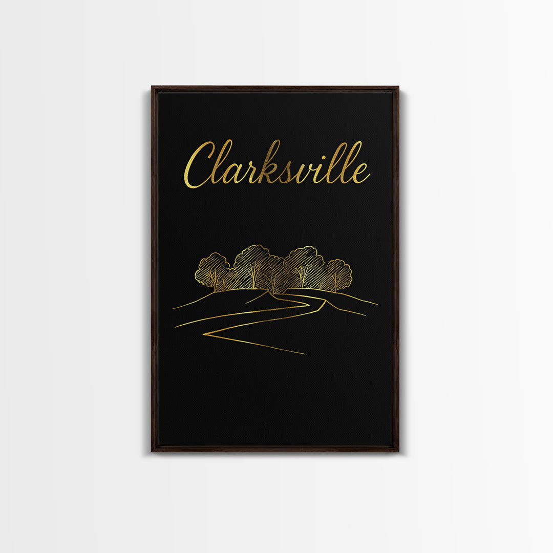 Clarksville Tennessee Travel Poster, Framed Canvas Print, Minimalist Gold Line Art, Clarksville City Art, City Art Print, Wanderlust Decor