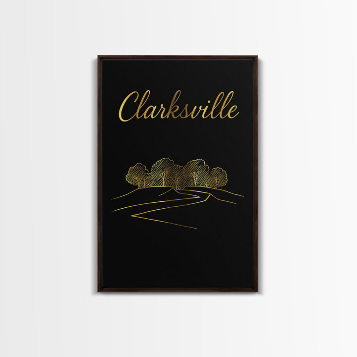 Clarksville Tennessee Travel Poster, Framed Canvas Print, Minimalist Gold Line Art, Clarksville City Art, City Art Print, Wanderlust Decor
