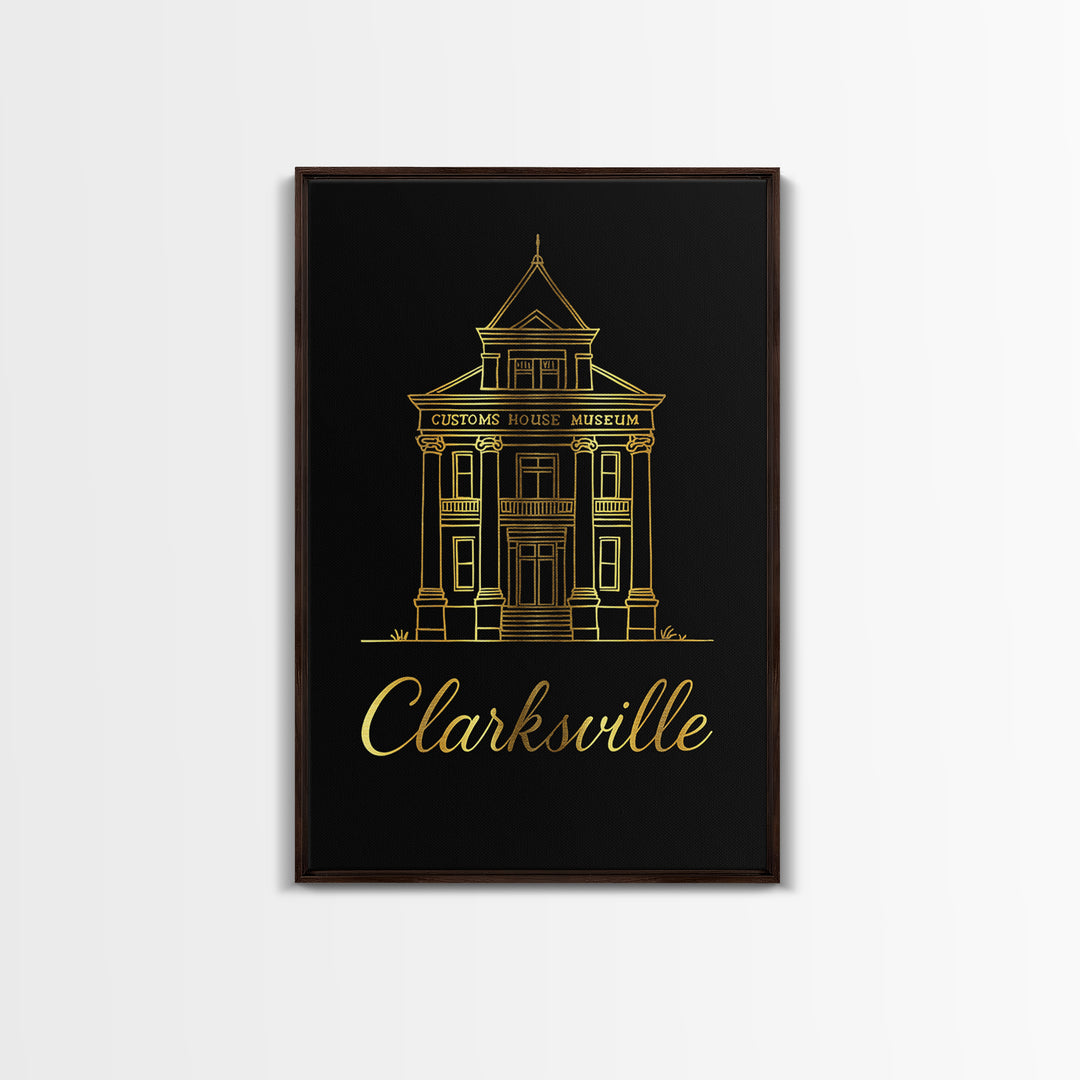 Clarksville Travel Poster, Framed Canvas Print, Gold Outline Poster Art, Clarksville Poster Print, Vintage City Art, Retro Travel Print