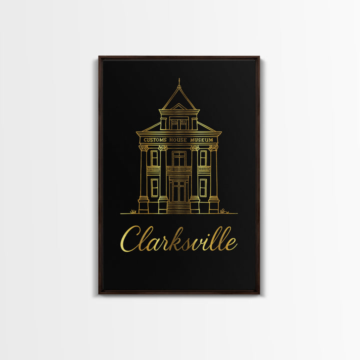 Clarksville Travel Poster, Framed Canvas Print, Gold Outline Poster Art, Clarksville Poster Print, Vintage City Art, Retro Travel Print