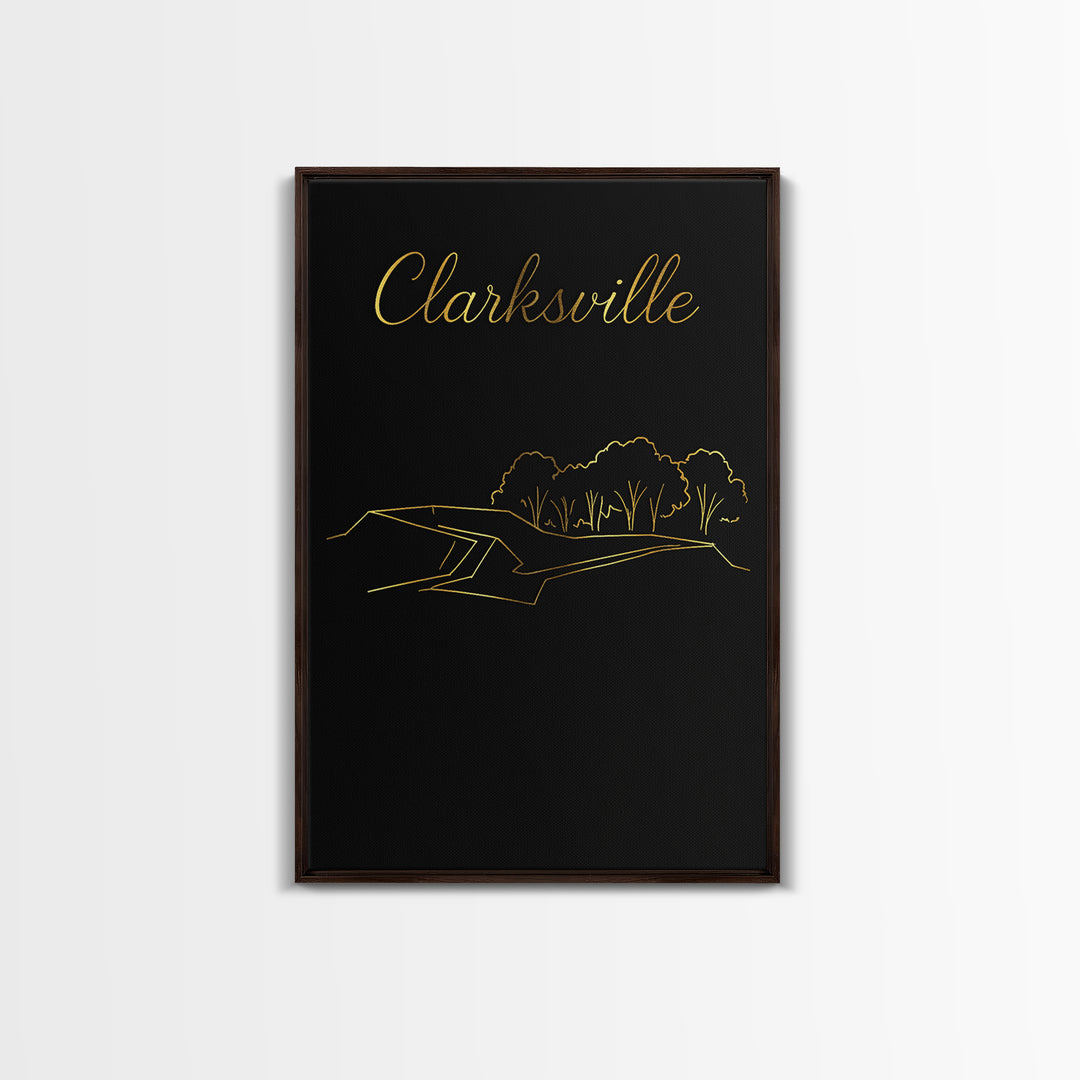 Clarksville Travel Poster, Framed Canvas Print, Black Gold Minimalist Art, Clarksville Travel Art, City Travel Prints, City Art Print