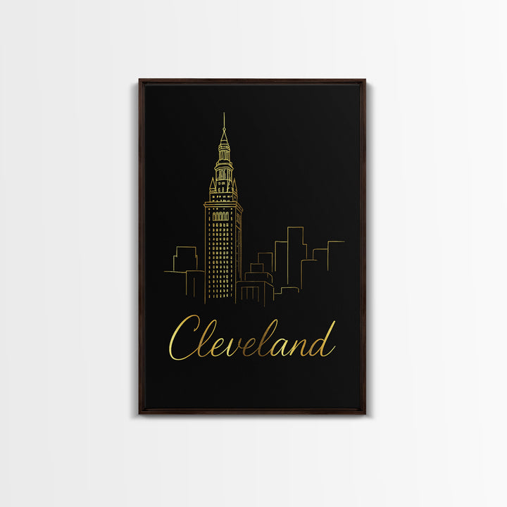 Cleveland Ohio Travel Poster, Framed Canvas Print, Minimalist Gold Line Art, Cleveland City Art, Fine Art Print, City Travel Prints
