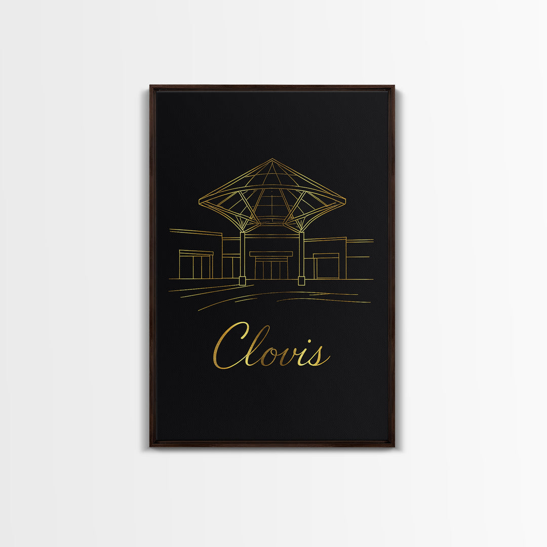 Clovis Travel Poster, Canvas Print, Gold Outline Poster Art, Clovis Travel Art, City Art Print, Mid Century Wall Art, Watercolor Skyline