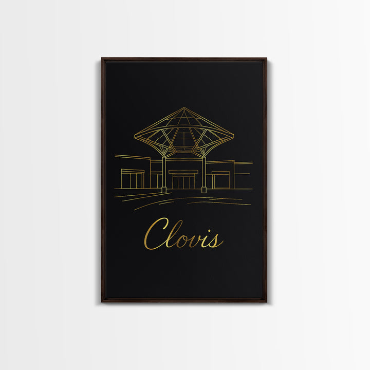 Clovis Travel Poster, Canvas Print, Gold Outline Poster Art, Clovis Travel Art, City Art Print, Mid Century Wall Art, Watercolor Skyline