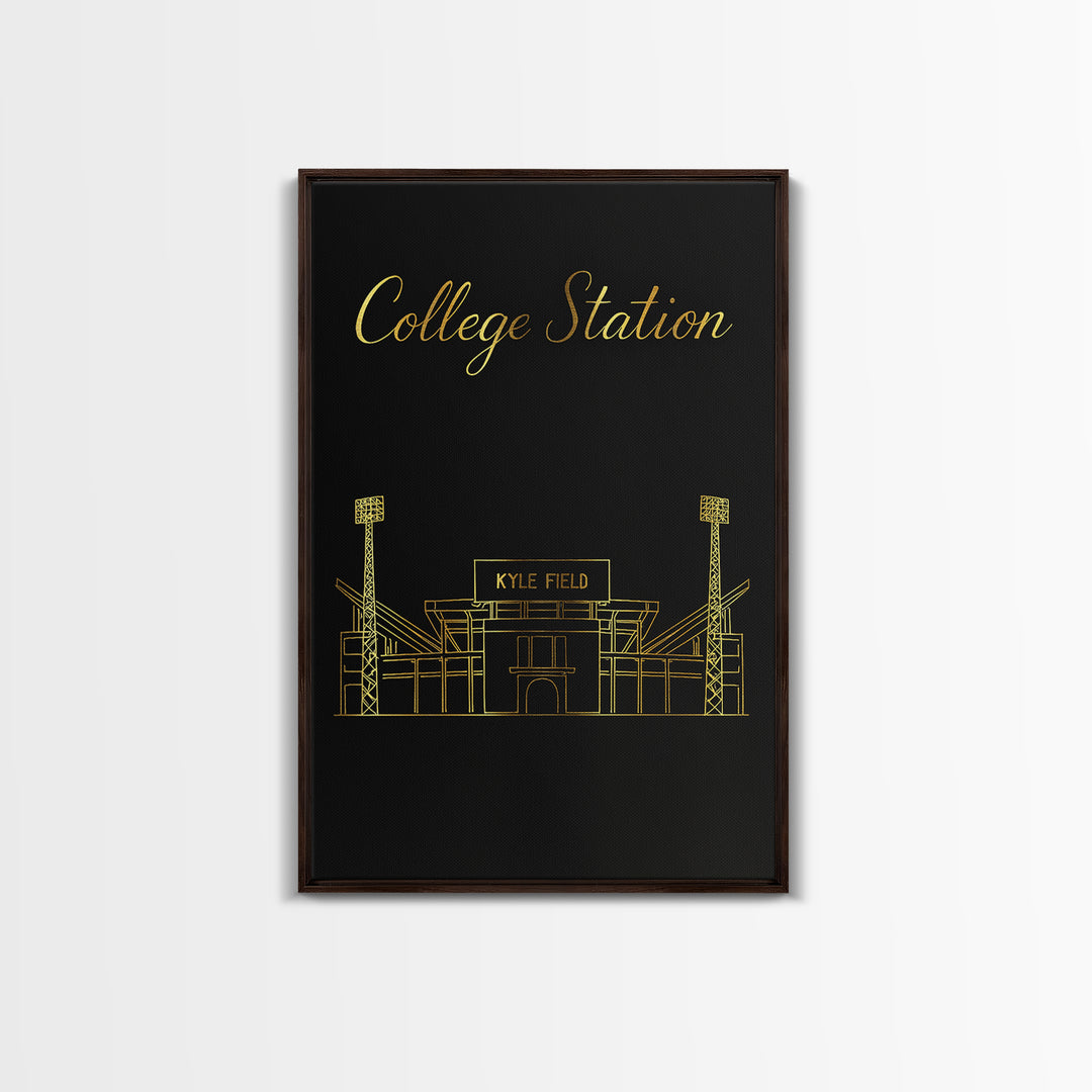 College Station Travel Poster, Framed Canvas Print, Minimalist Gold Line Art, College Station Travel Art, Watercolor Skyline