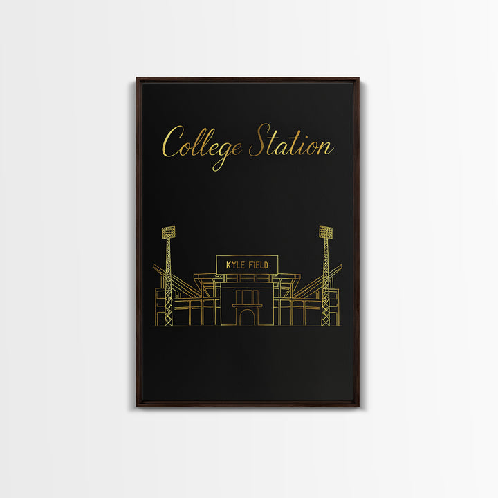 College Station Travel Poster, Framed Canvas Print, Minimalist Gold Line Art, College Station Travel Art, Watercolor Skyline