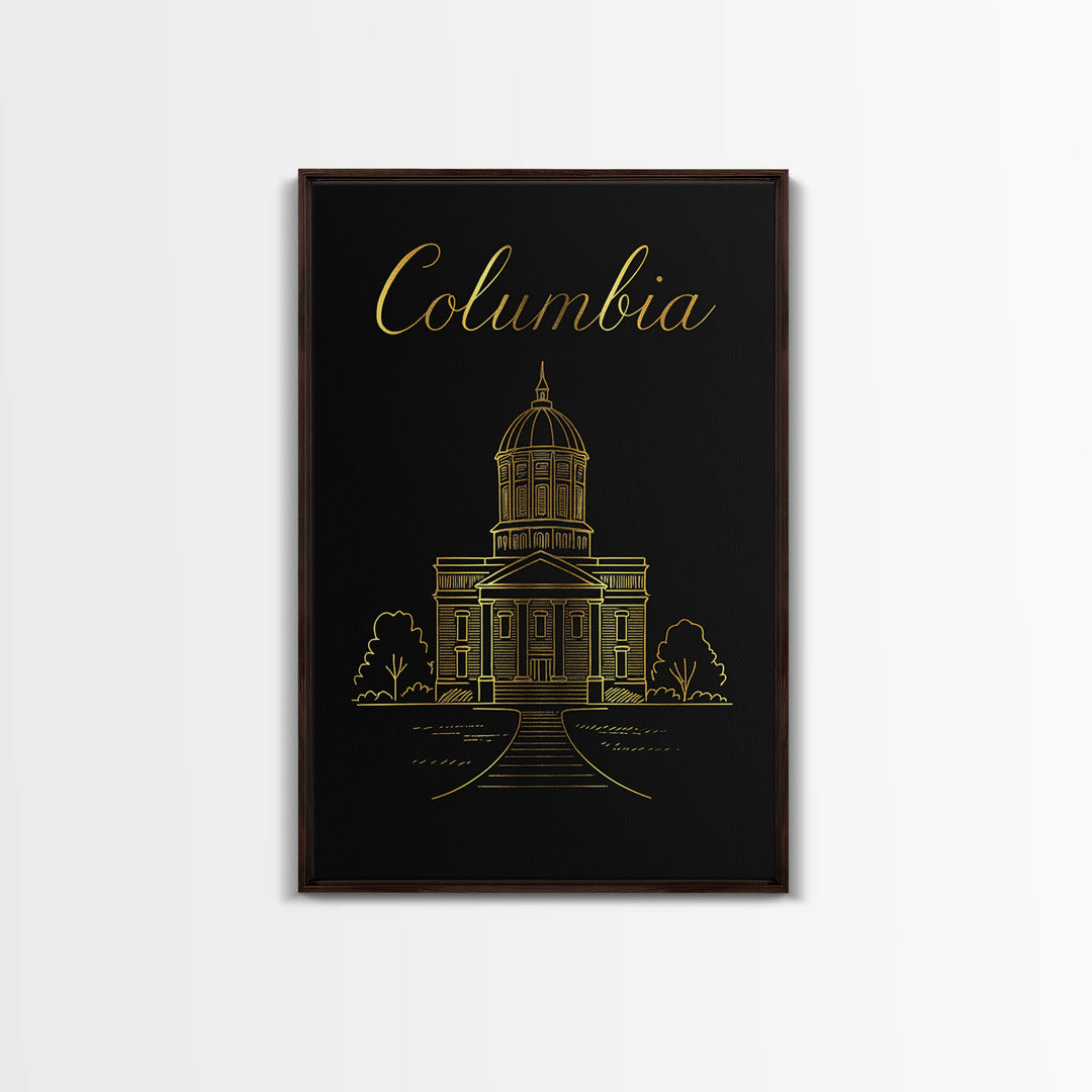 Columbia Travel Poster, Framed Canvas Print, Gold Outline Poster Art, Columbia Poster Print, City Art Print, Vintage Travel Print