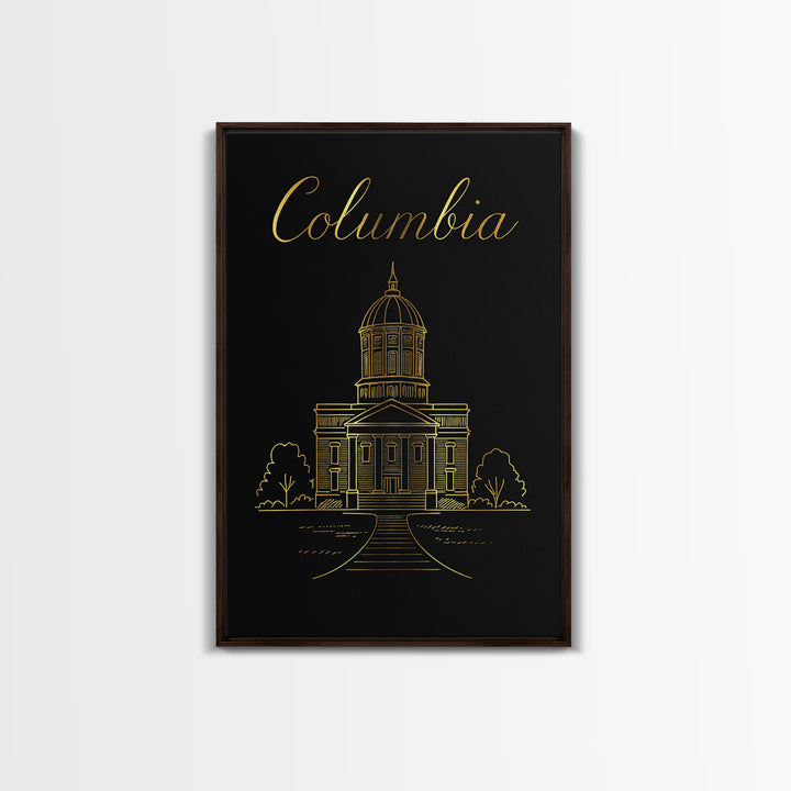 Columbia Travel Poster, Framed Canvas Print, Gold Outline Poster Art, Columbia Poster Print, City Art Print, Vintage Travel Print