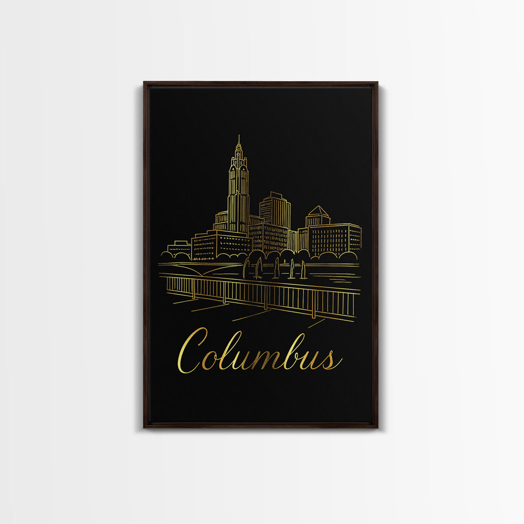 Columbus Ohio Travel Poster, Framed Canvas Print, Black Gold Minimalist Art, Columbus Travel Art, Travel Wall Art, Living Room Wall Art