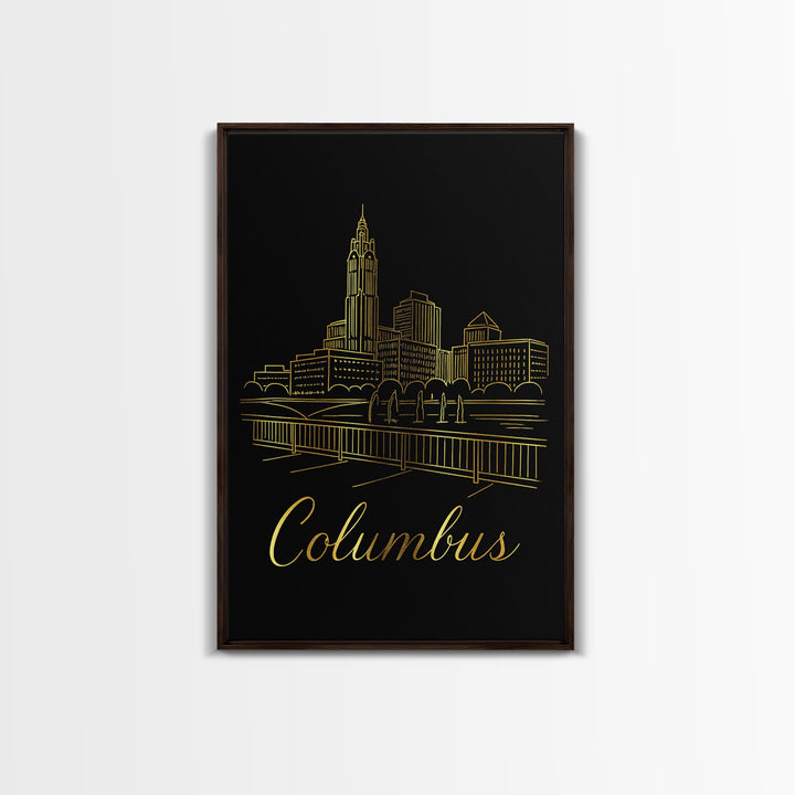 Columbus Ohio Travel Poster, Framed Canvas Print, Black Gold Minimalist Art, Columbus Travel Art, Travel Wall Art, Living Room Wall Art