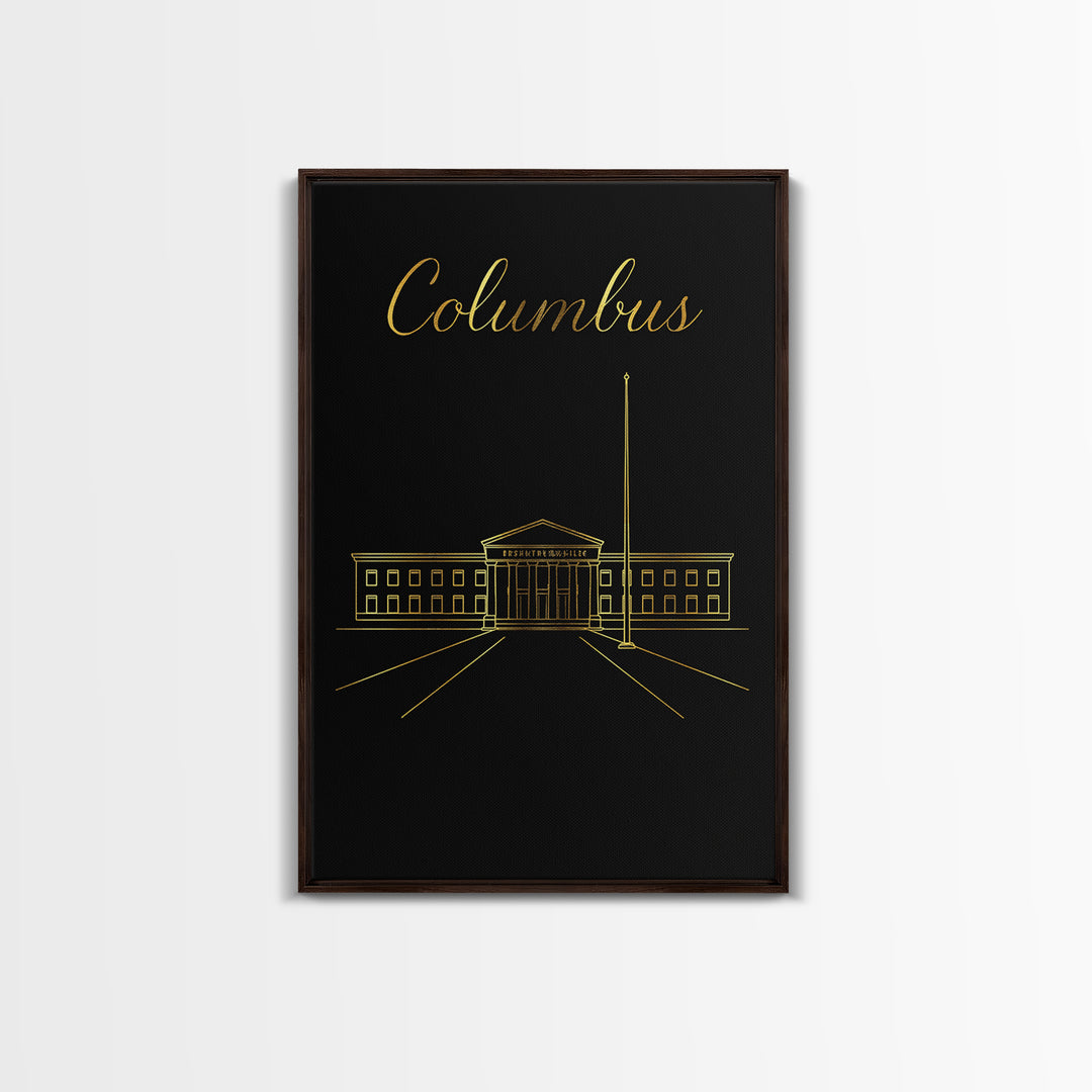 Columbus Travel Poster, Framed Canvas Print, Dark Minimalist Wall Art, Columbus Travel Art, Travel Poster Art, Mid Century Wall Art