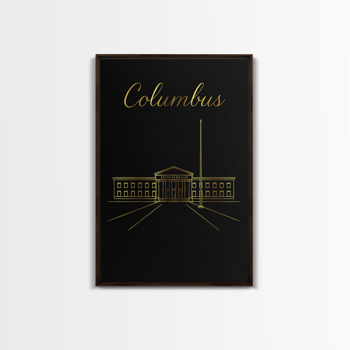 Columbus Travel Poster, Framed Canvas Print, Dark Minimalist Wall Art, Columbus Travel Art, Travel Poster Art, Mid Century Wall Art