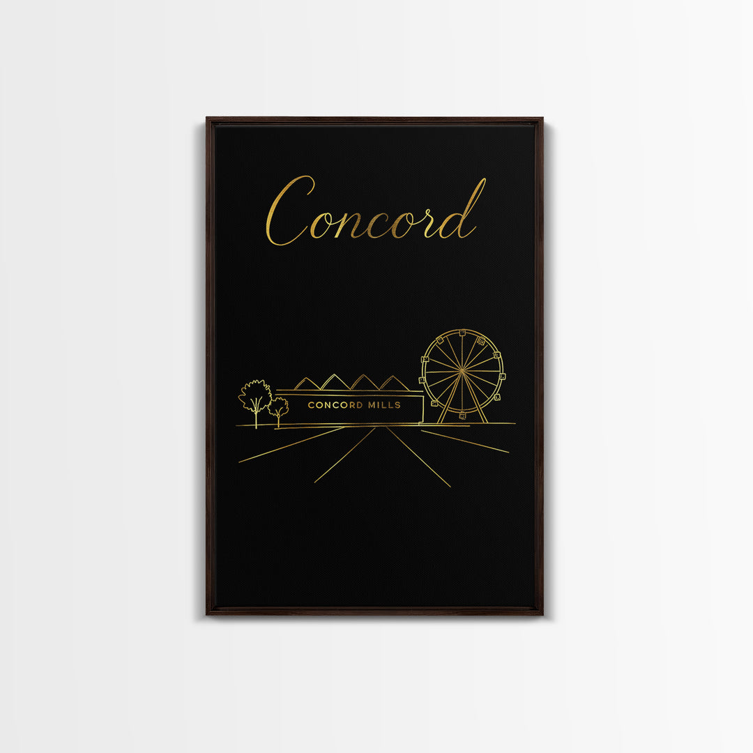 Concord Travel Poster, Framed Canvas Print, Minimalist Gold Line Art, Concord Poster Print, Wanderlust Decor, Home Office Decor