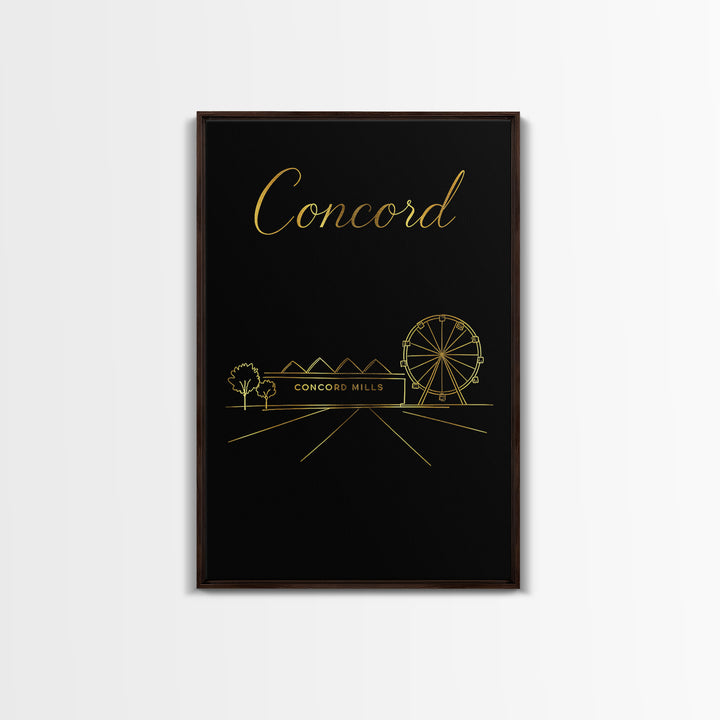 Concord Travel Poster, Framed Canvas Print, Minimalist Gold Line Art, Concord Poster Print, Wanderlust Decor, Home Office Decor