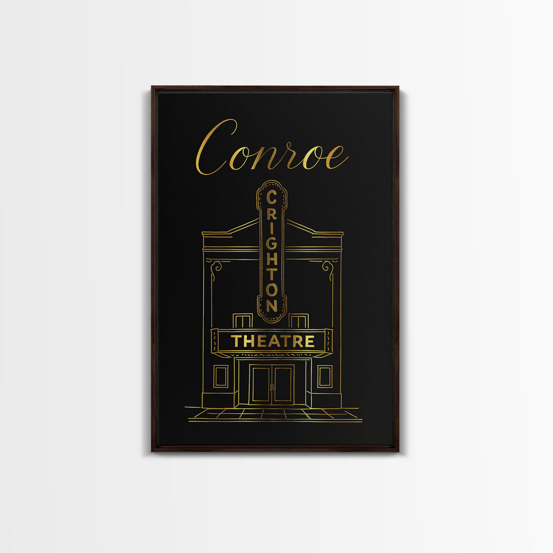 Conroe Travel Poster, Canvas Print, Gold Outline Poster Art, Conroe City Art, City Art Print, Travel Art Print, Gift For Travelers