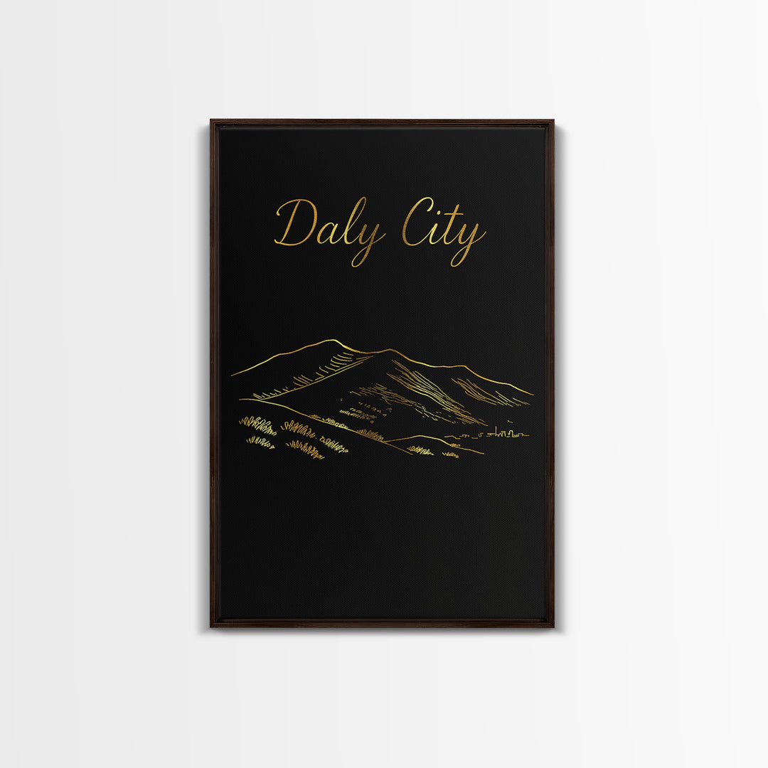 Daly City Travel Poster, Framed Canvas Print, Dark Minimalist Wall Art, Daly City City Art, Vintage Travel Print, Travel Wall Art