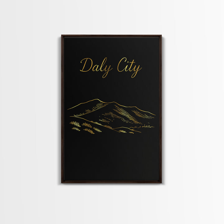 Daly City Travel Poster, Framed Canvas Print, Dark Minimalist Wall Art, Daly City City Art, Vintage Travel Print, Travel Wall Art