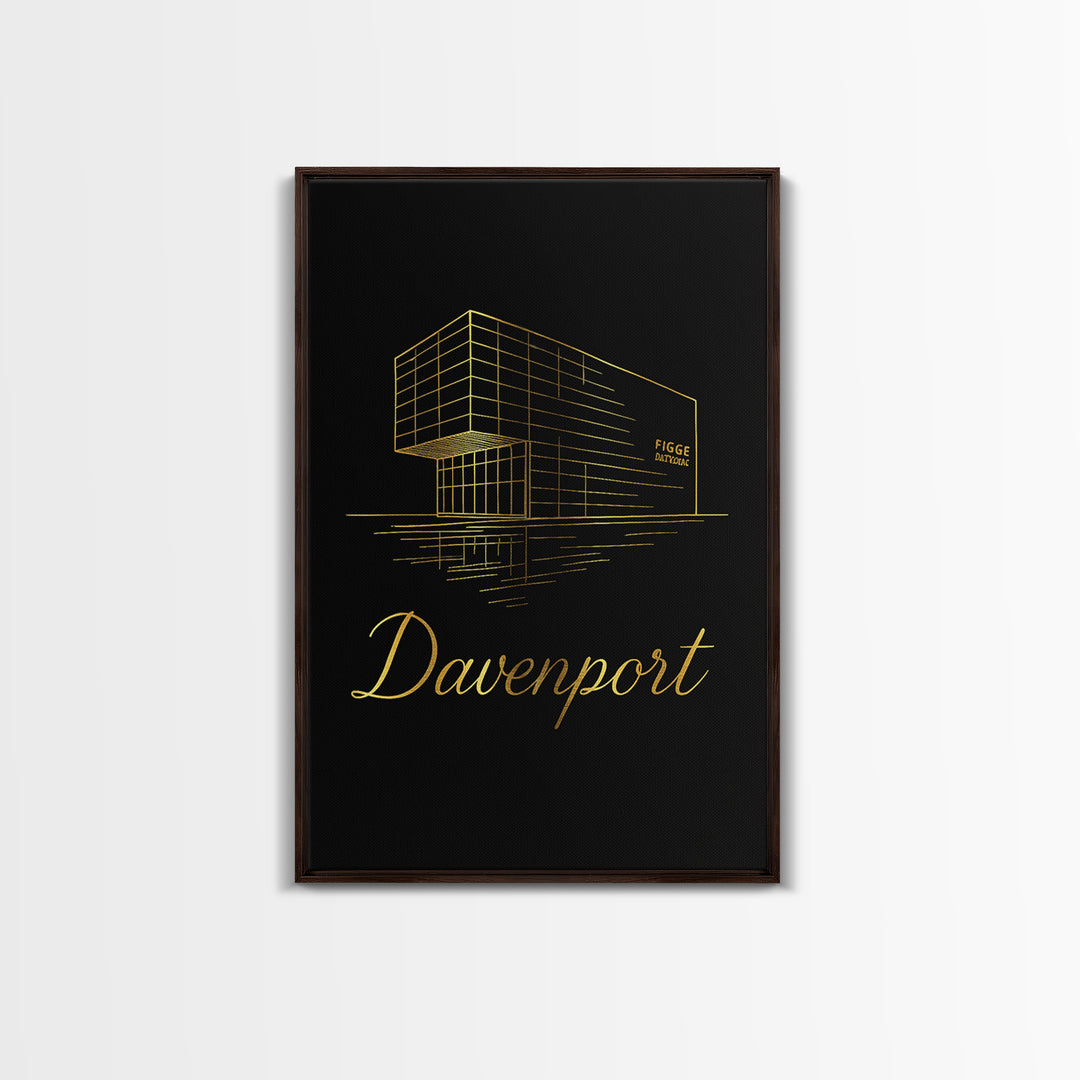 Davenport Iowa Travel Poster, Framed Canvas Print, Minimalist Gold Line Art, Davenport Wall Art, City Travel Prints, Retro Travel Print