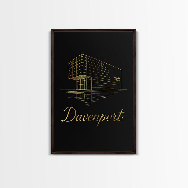 Davenport Iowa Travel Poster, Framed Canvas Print, Minimalist Gold Line Art, Davenport Wall Art, City Travel Prints, Retro Travel Print