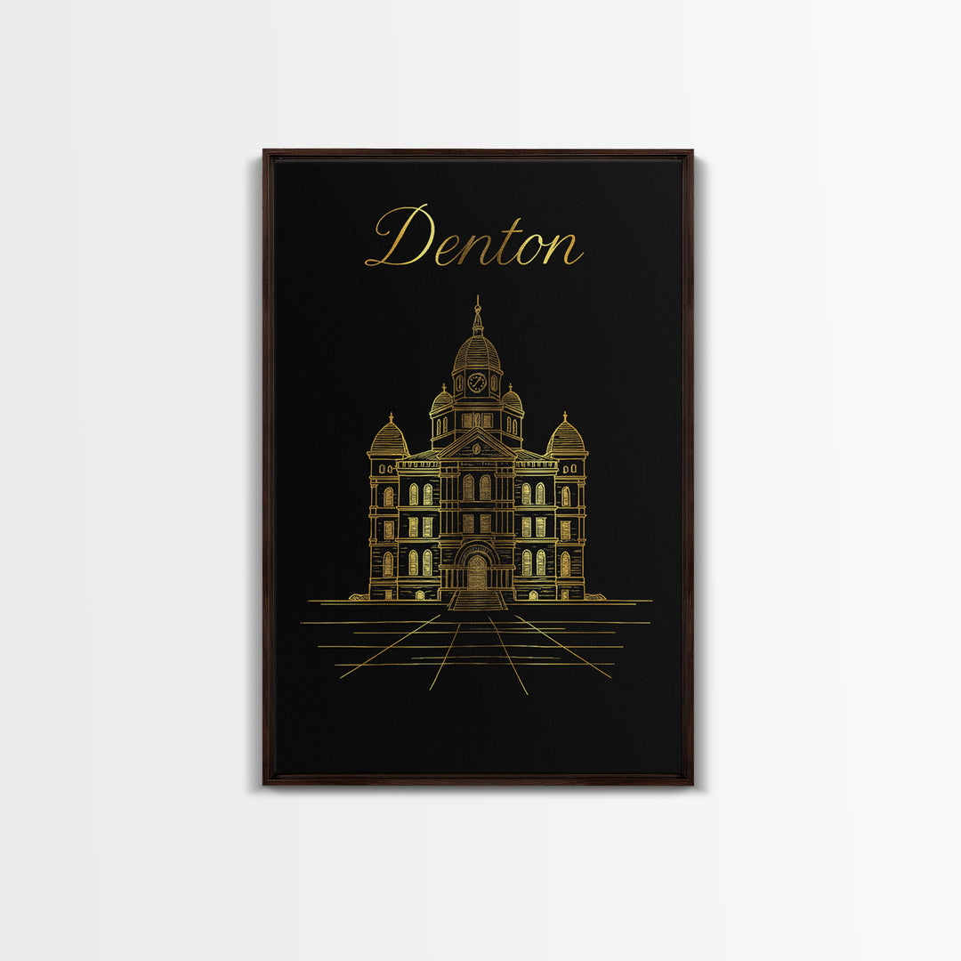 Denton Travel Poster, Framed Canvas Print, Minimalist Gold Line Art, Denton Art Print, City Art Print, Travel Poster Art, Fine Art Print