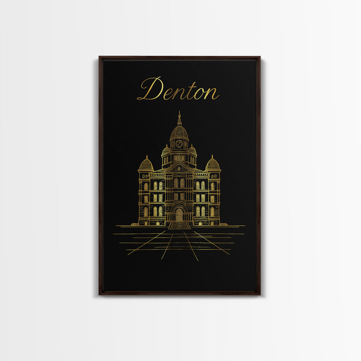 Denton Travel Poster, Framed Canvas Print, Minimalist Gold Line Art, Denton Art Print, City Art Print, Travel Poster Art, Fine Art Print