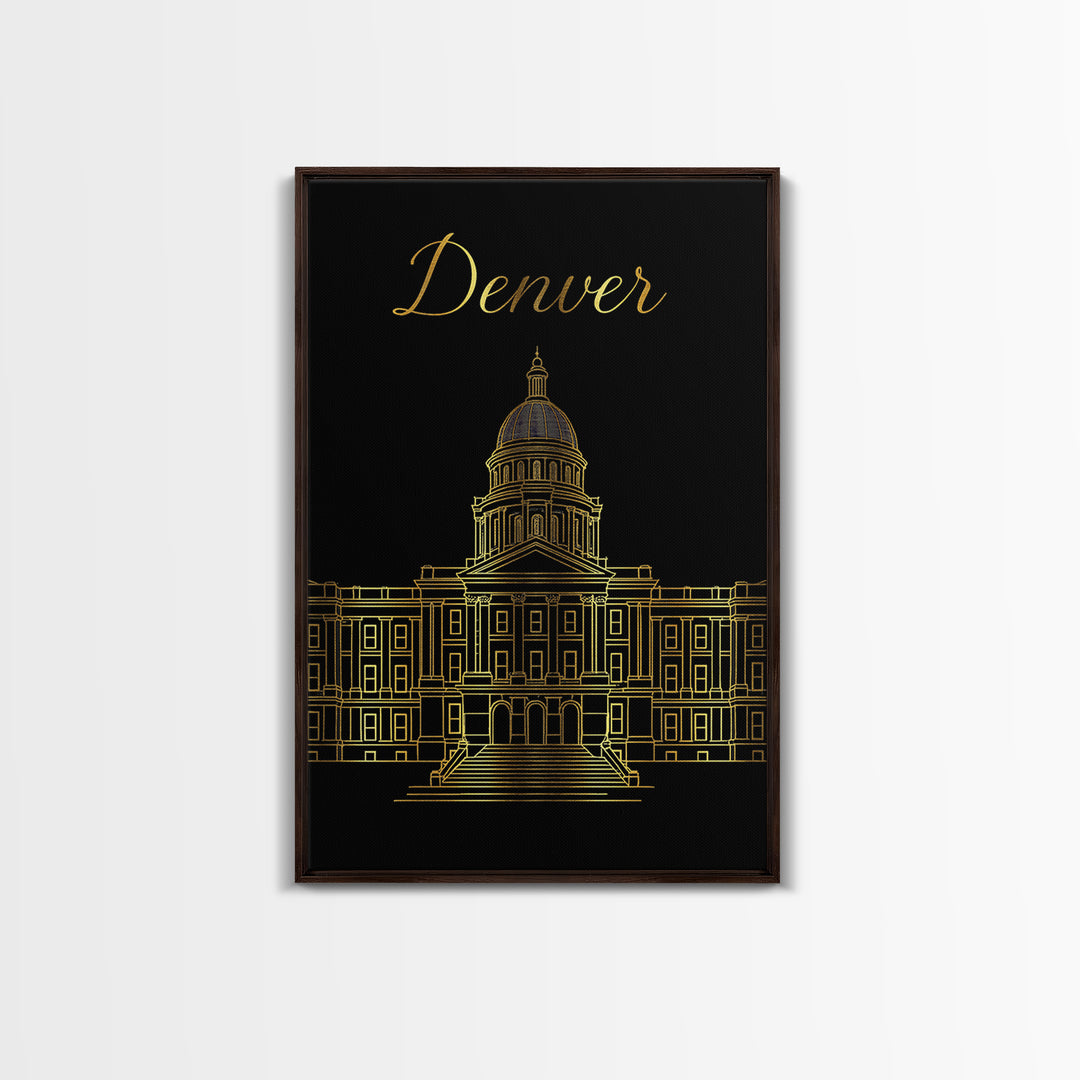 Denver Travel Poster, Framed Canvas Print, Minimalist Gold Line Art, Denver Poster Print, Travel Art Print, Modern Wall Decor, Design 2