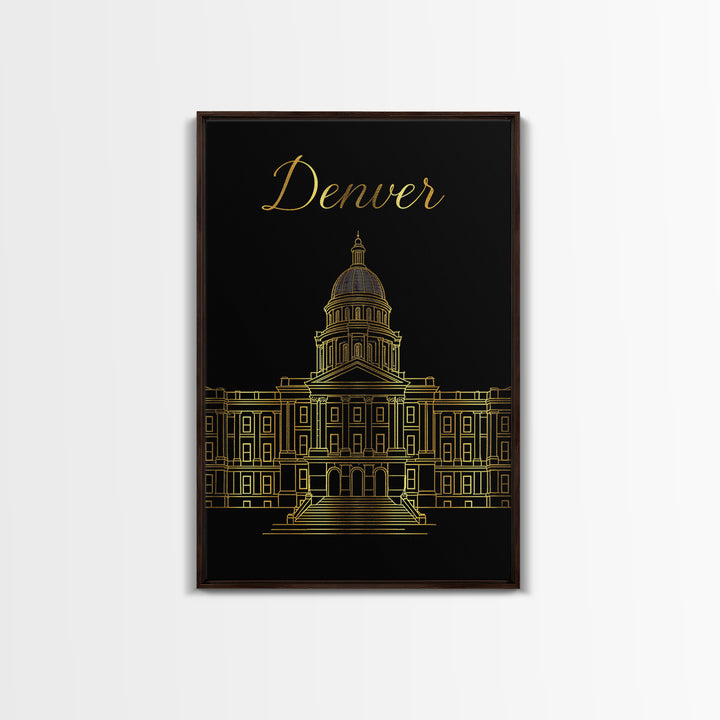 Denver Travel Poster, Framed Canvas Print, Minimalist Gold Line Art, Denver Poster Print, Travel Art Print, Modern Wall Decor, Design 2