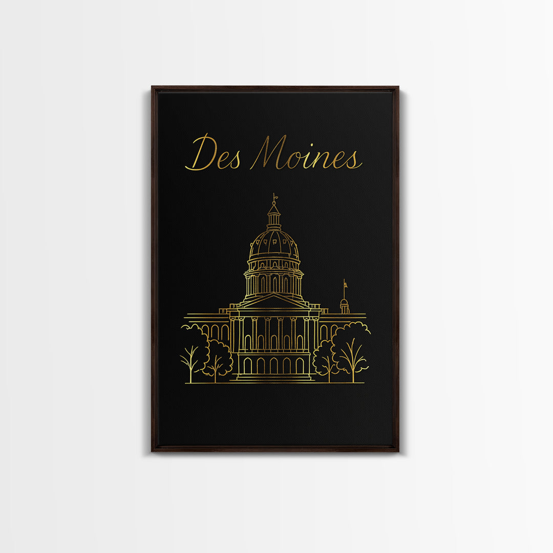 Des Moines Travel Poster, Canvas Print, Black Gold Minimalist Art, Des Moines Art Print, Home Office Decor, Fine Art Print, Retro Poster