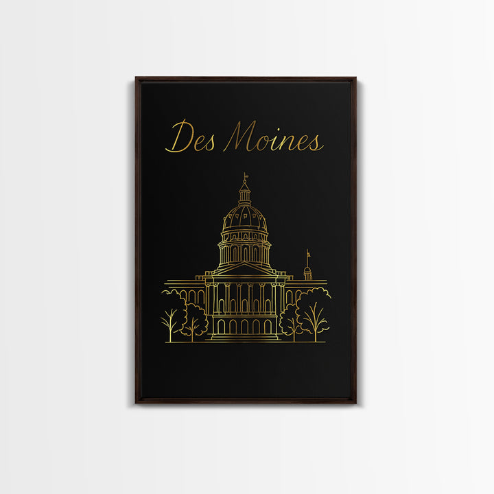 Des Moines Travel Poster, Canvas Print, Black Gold Minimalist Art, Des Moines Art Print, Home Office Decor, Fine Art Print, Retro Poster