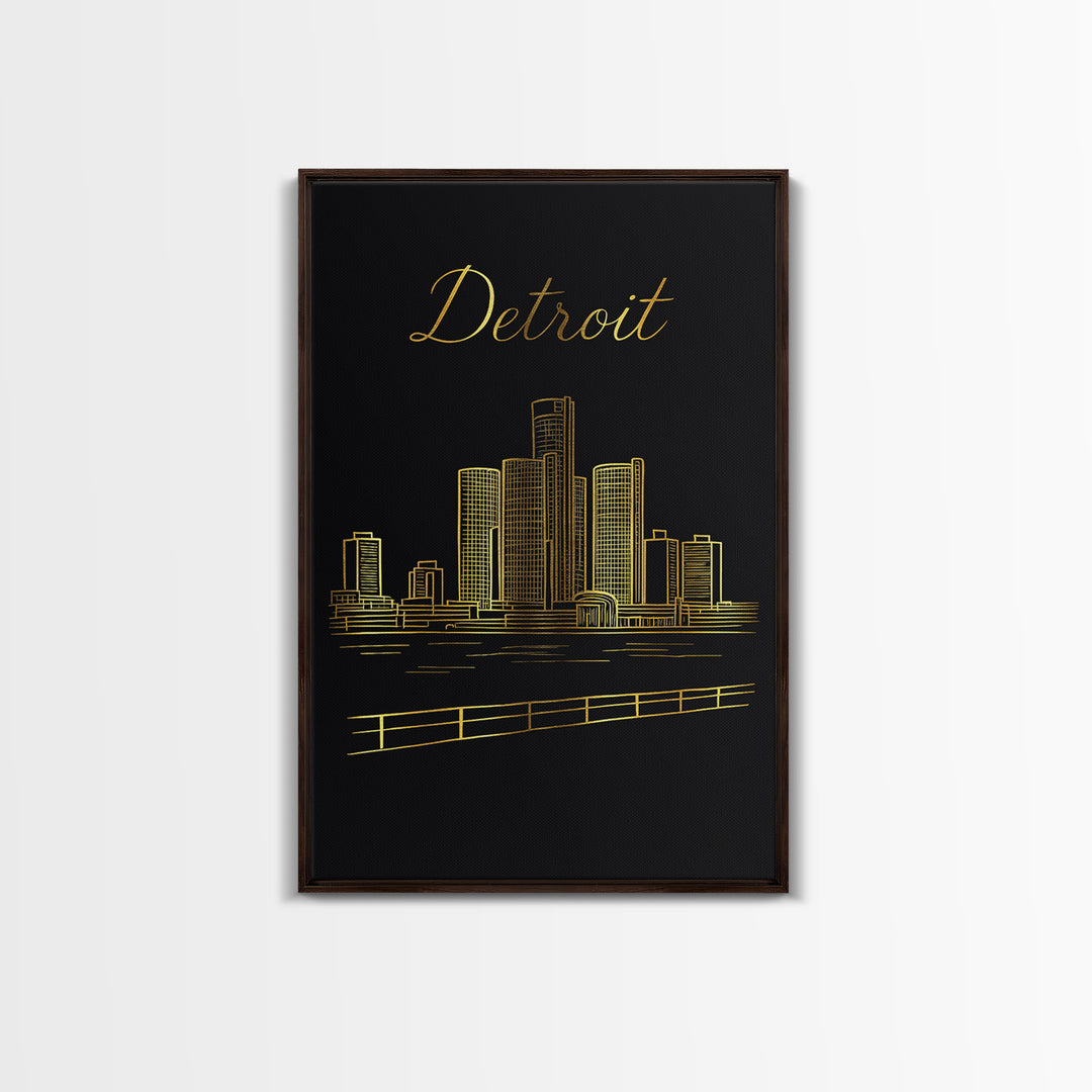 Detroit Michigan Travel Poster, Canvas Print, Black Gold Minimalist Art, Detroit City Art, City Travel Prints, Wanderlust Decor, Design 1