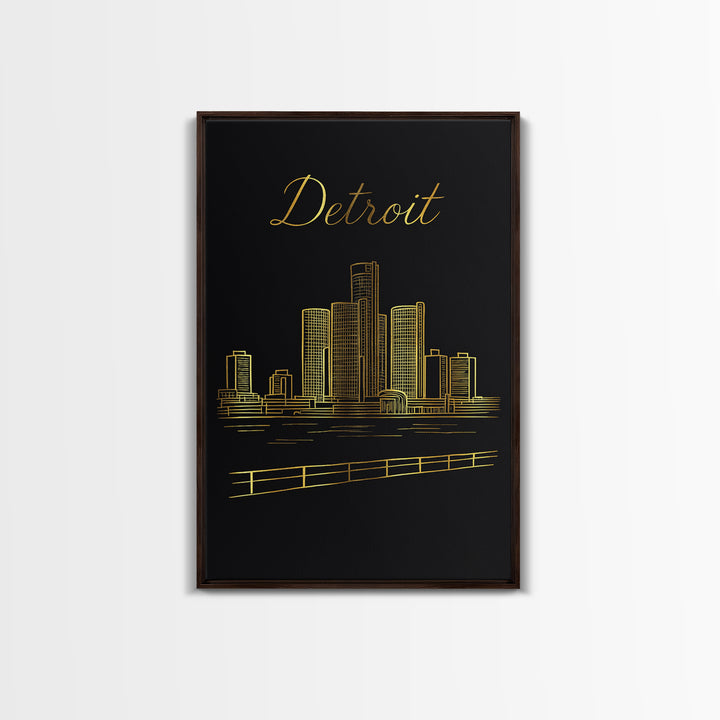 Detroit Michigan Travel Poster, Canvas Print, Black Gold Minimalist Art, Detroit City Art, City Travel Prints, Wanderlust Decor, Design 1