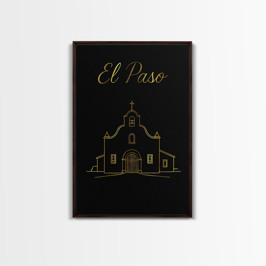 El Paso Texas Travel Poster, Canvas Print, Gold Outline Poster Art, El Paso Travel Art, City Art Print, Home Office Decor, Retro Poster