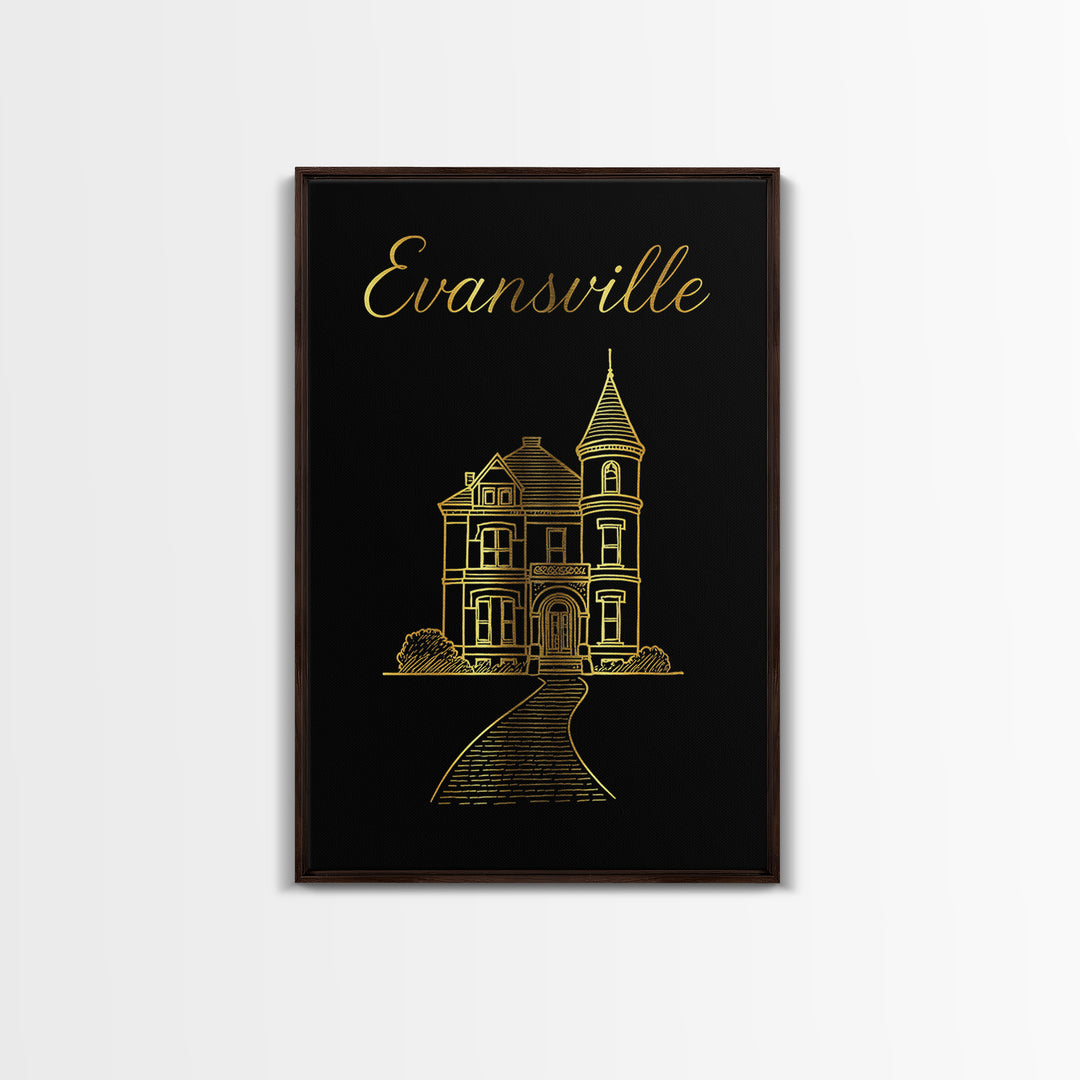 Evansville Indiana Travel Poster, Canvas Print, Minimalist Gold Line Art, Evansville Travel Art, Vintage City Art, Travel Art Print, Print