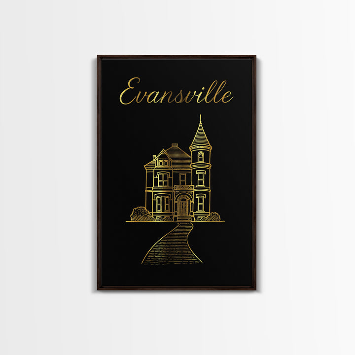 Evansville Indiana Travel Poster, Canvas Print, Minimalist Gold Line Art, Evansville Travel Art, Vintage City Art, Travel Art Print, Print