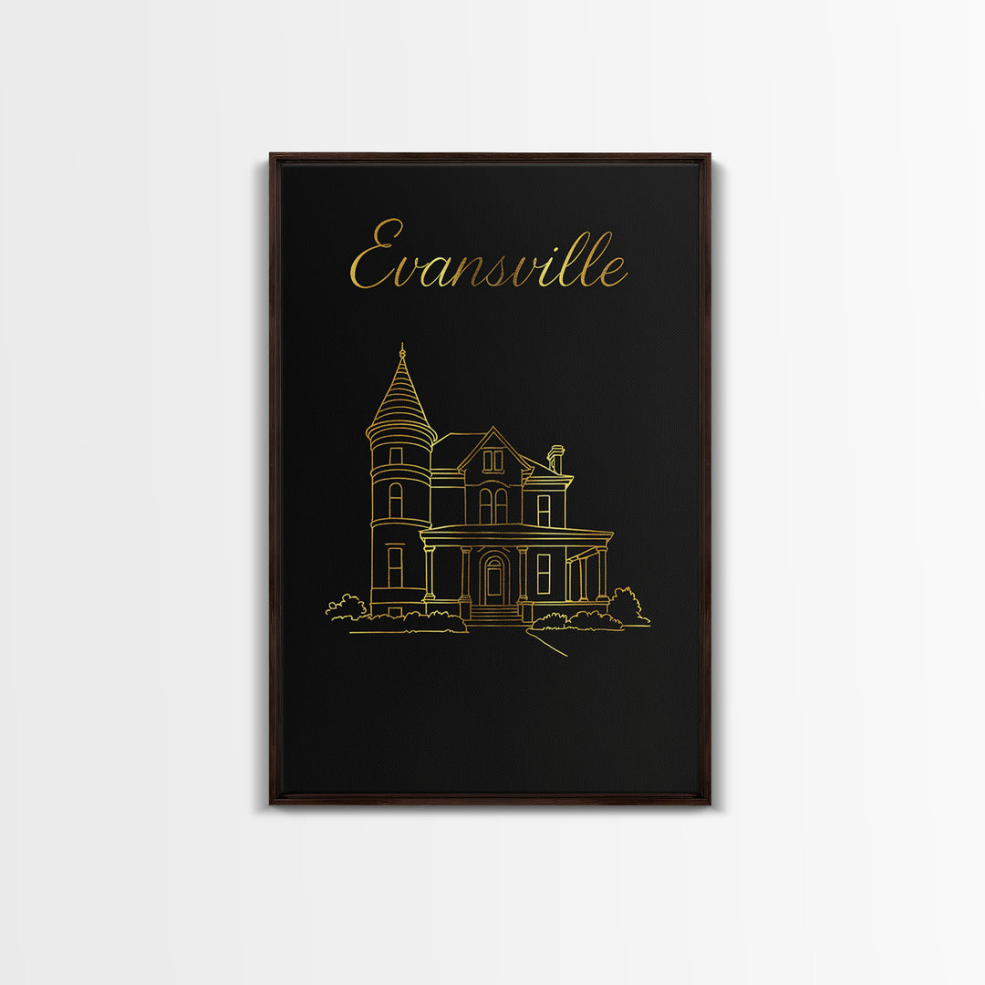 Evansville Travel Poster, Framed Canvas Print, Gold Outline Poster Art, Evansville Poster Print, Travel Wall Art, Fine Art Print