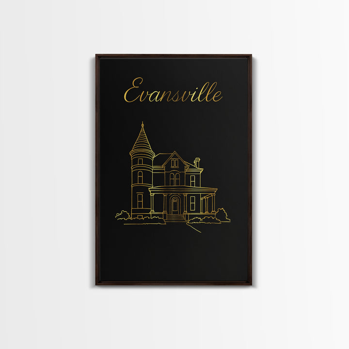 Evansville Travel Poster, Framed Canvas Print, Gold Outline Poster Art, Evansville Poster Print, Travel Wall Art, Fine Art Print