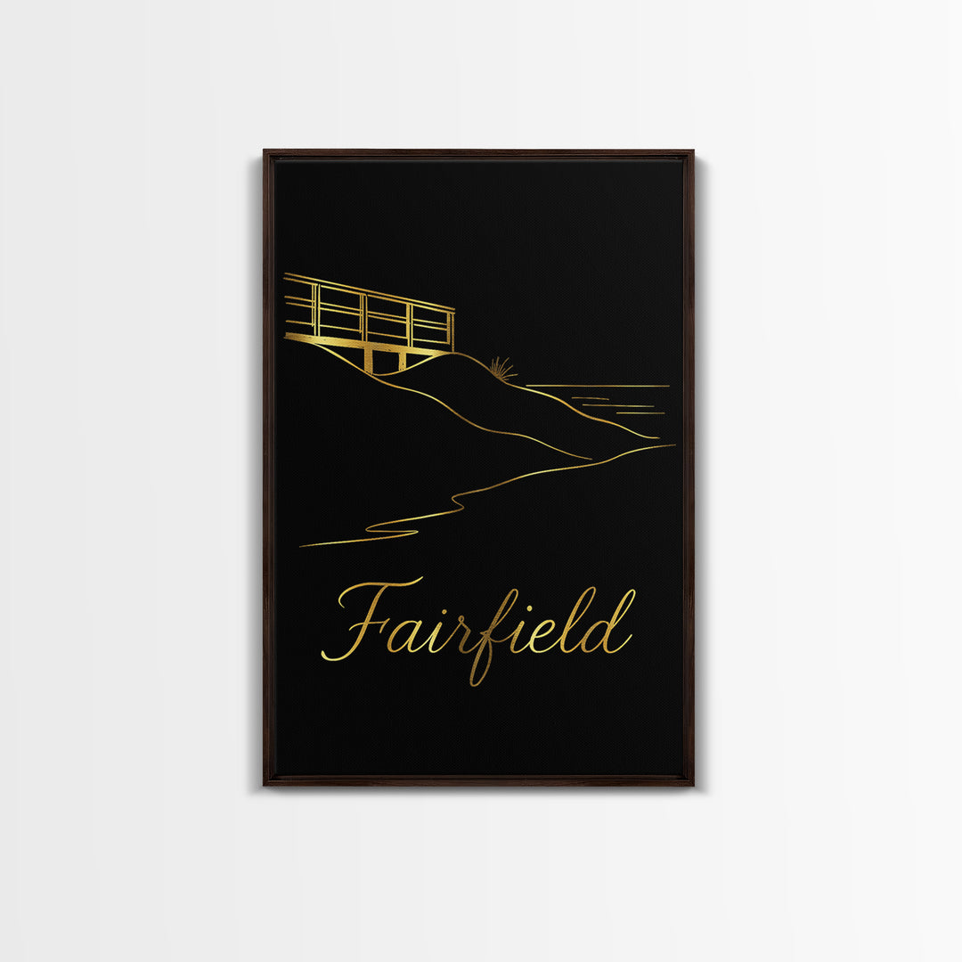 Fairfield Travel Poster, Framed Canvas Print, Gold Outline Poster Art, Fairfield Art Print, Vintage Travel Print, City Illustration