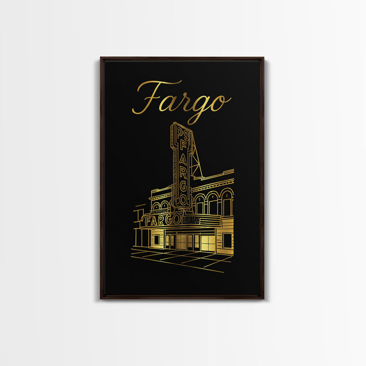 Fargo North Dakota Travel Poster, Canvas Print, Gold Outline Poster Art, Fargo City Art, Mid Century Wall Art, Fine Art Print, Wall Decor