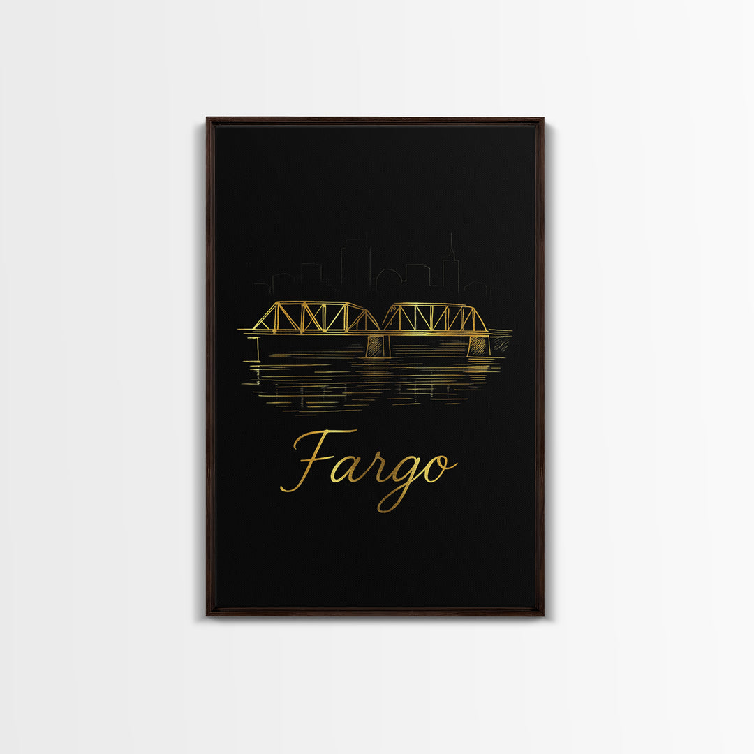 Fargo Travel Poster, Canvas Print, Gold Outline Poster Art, Fargo City Art, Travel Poster Set, Travel Art Print, Modern Wall Decor